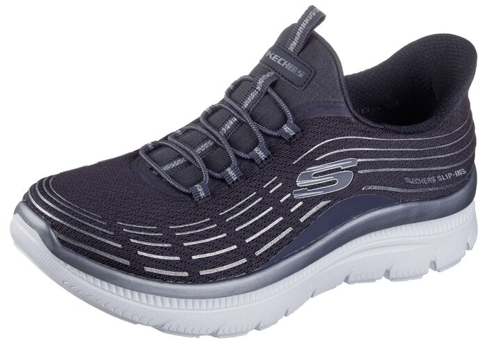 SKECHERS, stylische Damen-Sneaker, mit geformter Slip-Ins Fersenplatte DUNKELBLAU-SILBER